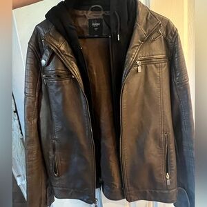 Guess men’s faux leather brown jacket with black lined hoodie (removable)